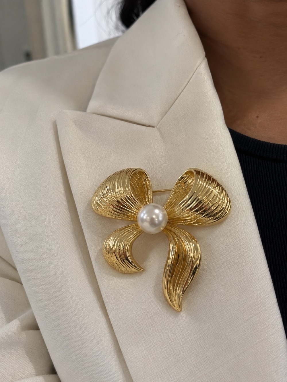 Gold Bow Pearl Accent Brooch - Women's Jewelry